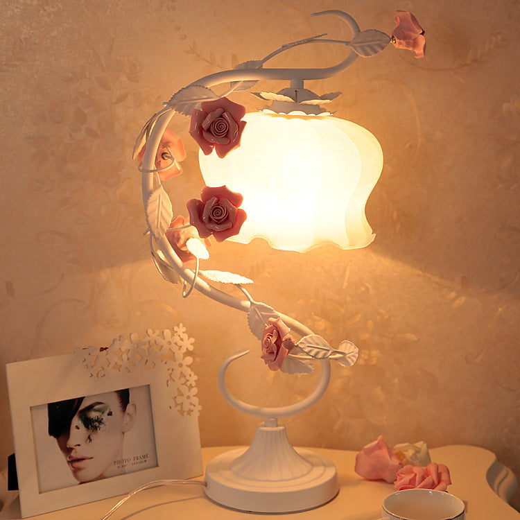 Iron Art Pink Ceramic Rose Bed Lamp For Bedroom